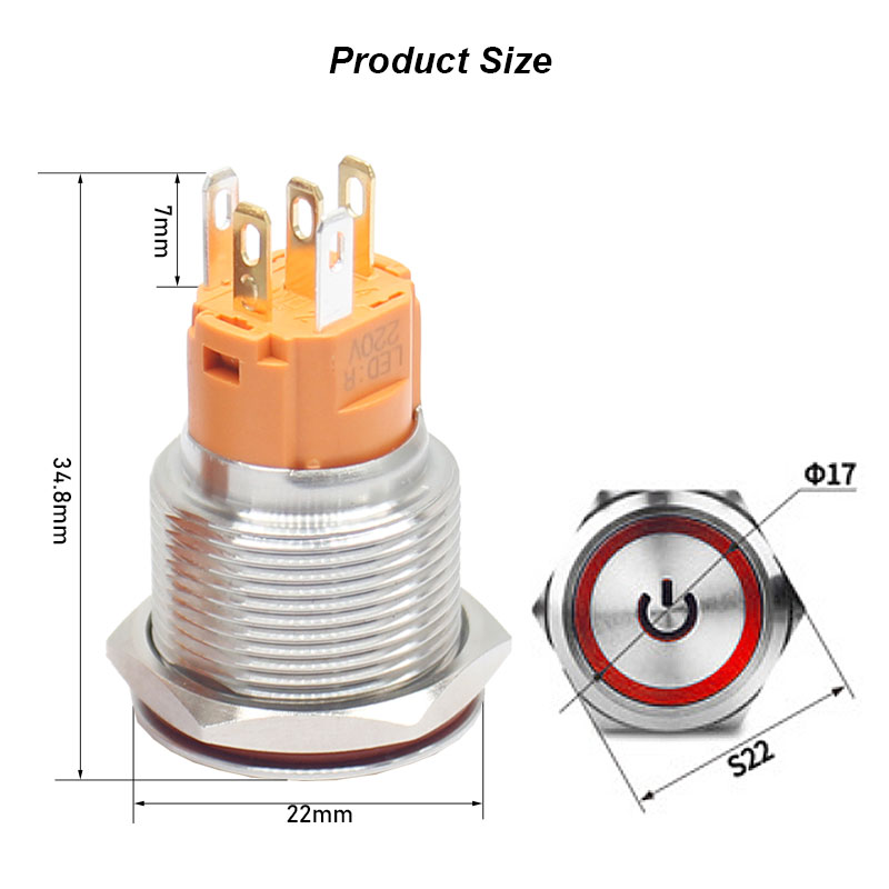 ring lamp power symbol Waterproof LED light self-lock self-reset button 5v 12v 220v 19mm metal push button switch3