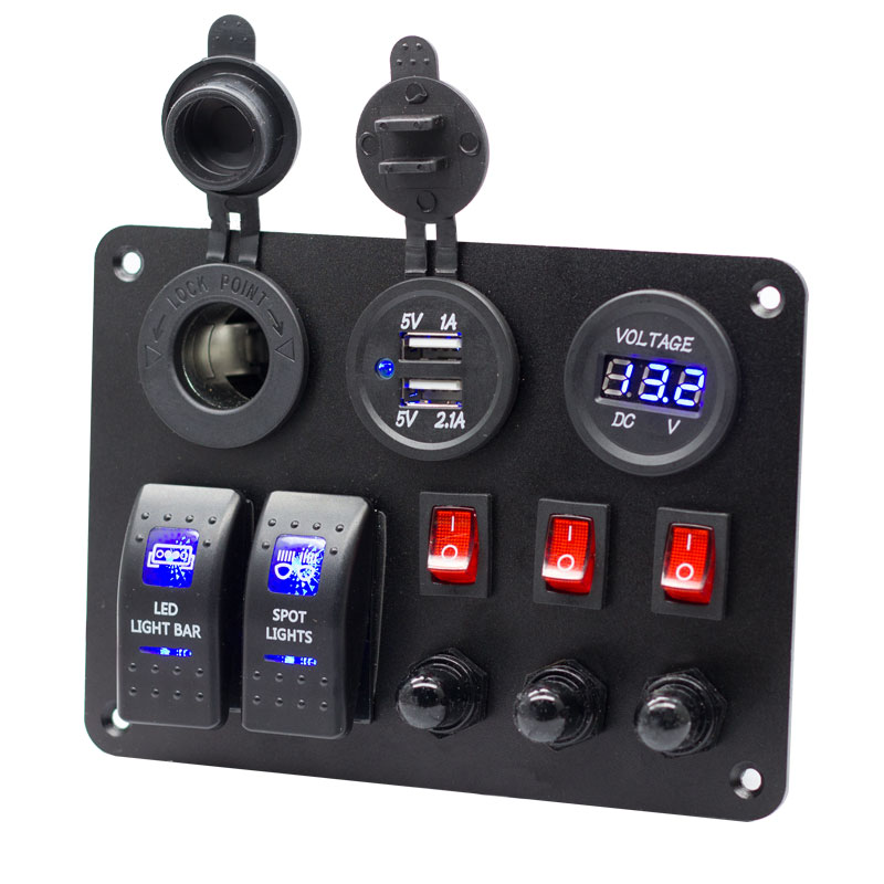 2 Gang Rocker Switch Panel with 3.1A USB Charger Voltmeter 12V-24V DC Rocker Switch 15A circuit breaker button switch