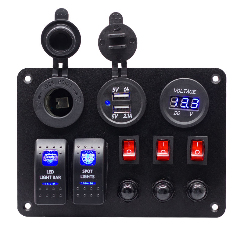 2 Gang Rocker Switch Panel with 3.1A USB Charger Voltmeter 12V-24V DC Rocker Switch 15A circuit breaker button switch