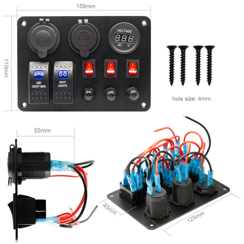 2 Gang Rocker Switch Panel with 3.1A USB Charger Voltmeter 12V-24V DC Rocker Switch 15A circuit breaker button switch3