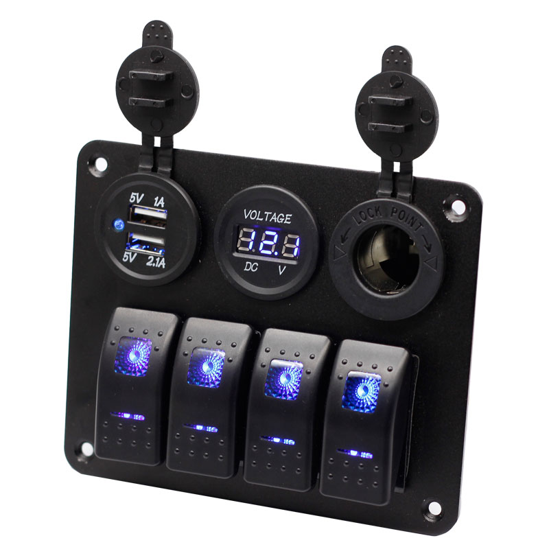 4 Gang Rocker Switch Panel ON Off LED Light Switch with 3.1A USB Digital Voltmeter Cigarette Lighter Socket