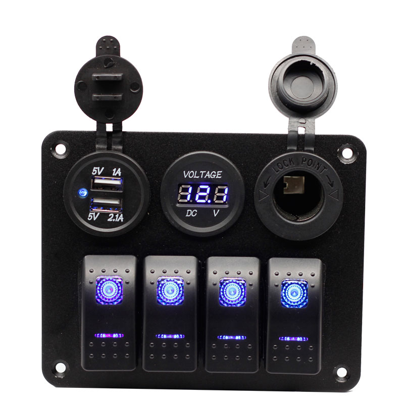 4 Gang Rocker Switch Panel ON Off LED Light Switch with 3.1A USB Digital Voltmeter Cigarette Lighter Socket2