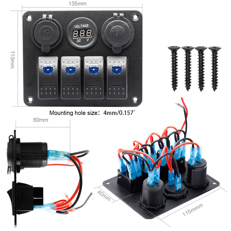 4 Gang Rocker Switch Panel ON Off LED Light Switch with 3.1A USB Digital Voltmeter Cigarette Lighter Socket3