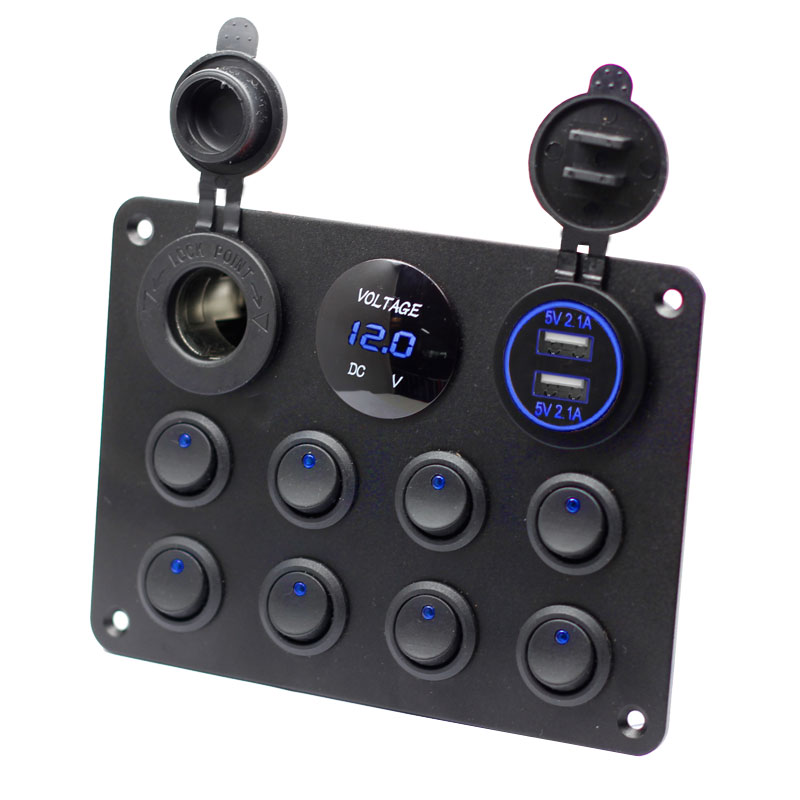 Waterproof 8 Gang Rocker Dual USB Charger Digital Voltmeter 12V Outlet Pre-Wired Switch Panel with Circuit Breakers