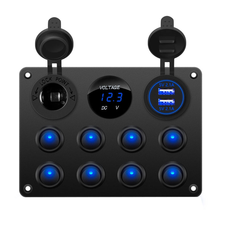 Waterproof 8 Gang Rocker Dual USB Charger Digital Voltmeter 12V Outlet Pre-Wired Switch Panel with Circuit Breakers2