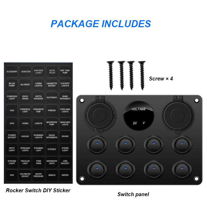 Waterproof 8 Gang Rocker Dual USB Charger Digital Voltmeter 12V Outlet Pre-Wired Switch Panel with Circuit Breakers3