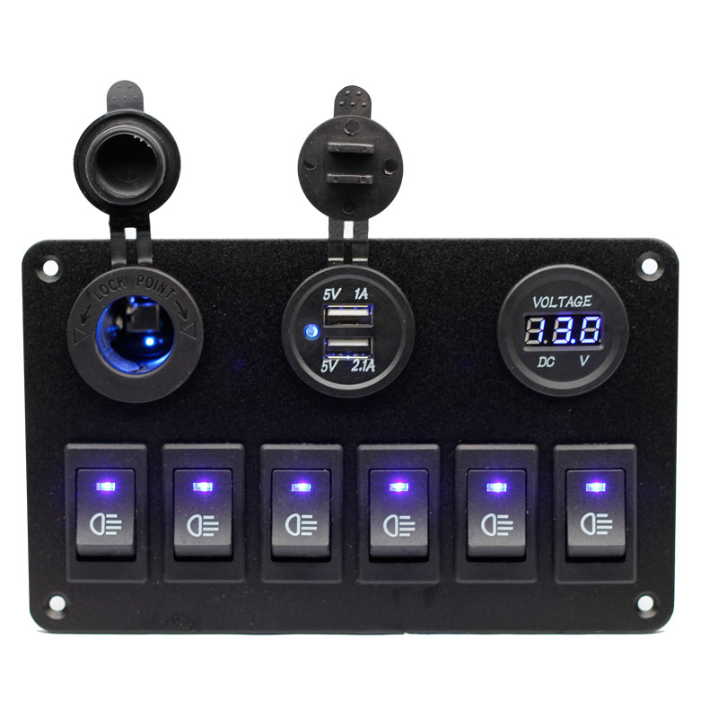 6 Gang Blue Rocker Switch Panel Circuit Breaker 3.1A car USB charger LED voltmeter Cigarette lighter Waterproof Car Marine Boat2