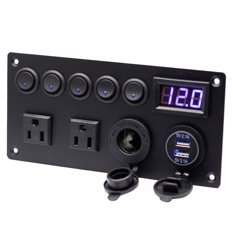 5 Gang Toggle Switch Panel Multi-Functions with AC Outlets Power Outlet Voltmeter for Marine Rv Camper Caravan Home Wall Plate