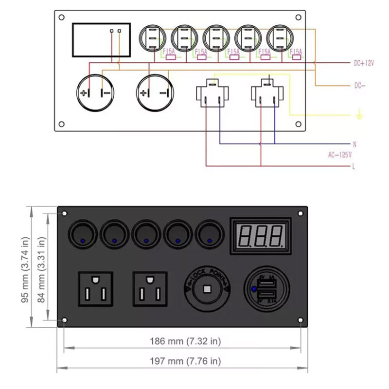 5 Gang Toggle Switch Panel Multi-Functions with AC Outlets Power Outlet Voltmeter for Marine Rv Camper Caravan Home Wall Plate3