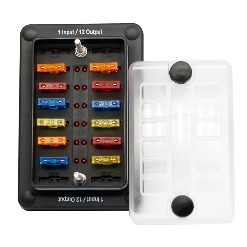 Waterproof 32V 12Way Car Boat Marine Blade Fuse Box with LED Light Indication & Protection Cover