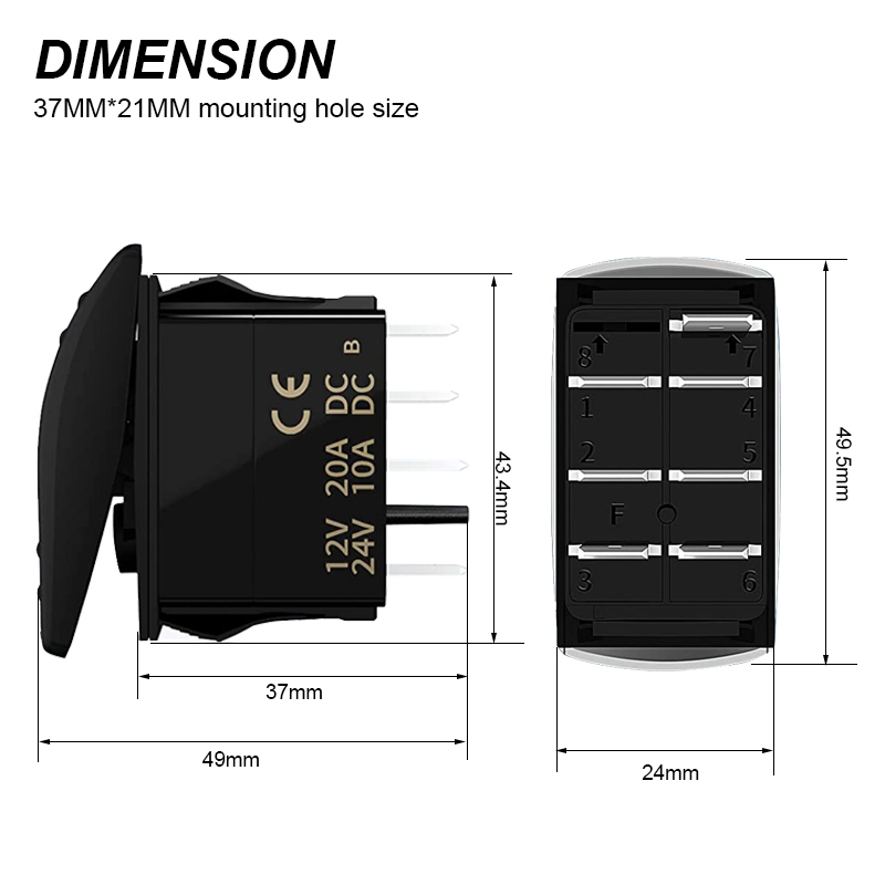 Marine Rocker Switch 12V 24V Lighted Rocker Switch 12 Volt 20A 7 Pin DPDT ON/Off/ON Waterproof3