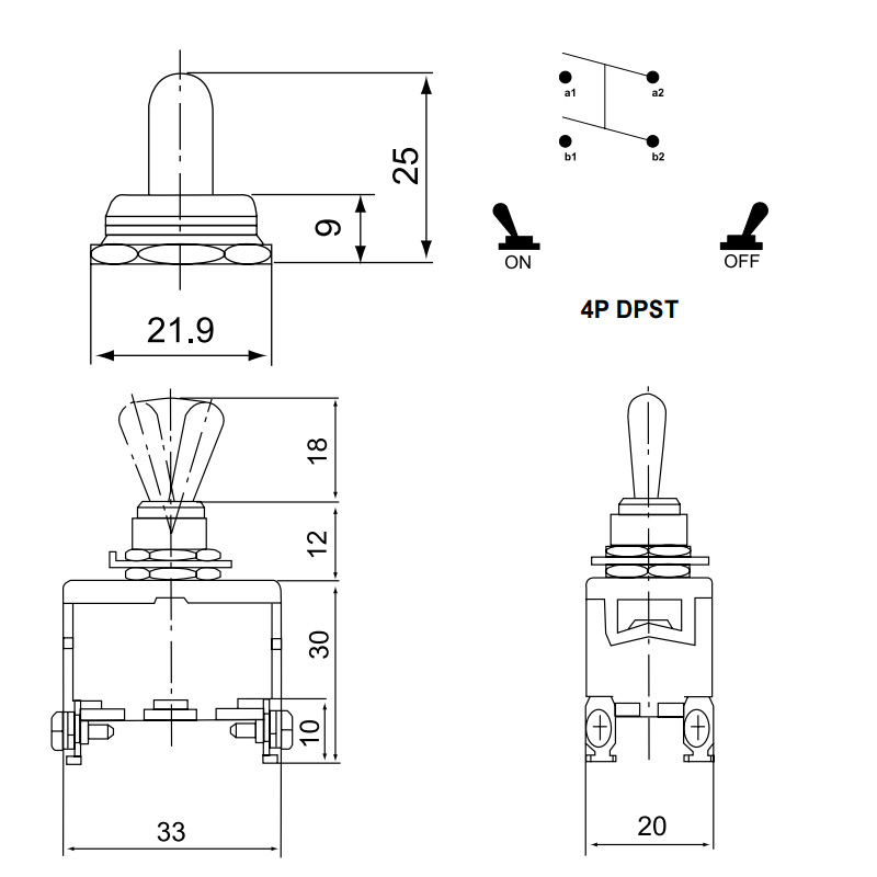 15A 250V 20A 125V AC ON OFF 2 Position DPST Heavy Duty Rocker MomentaryToggle Switches3