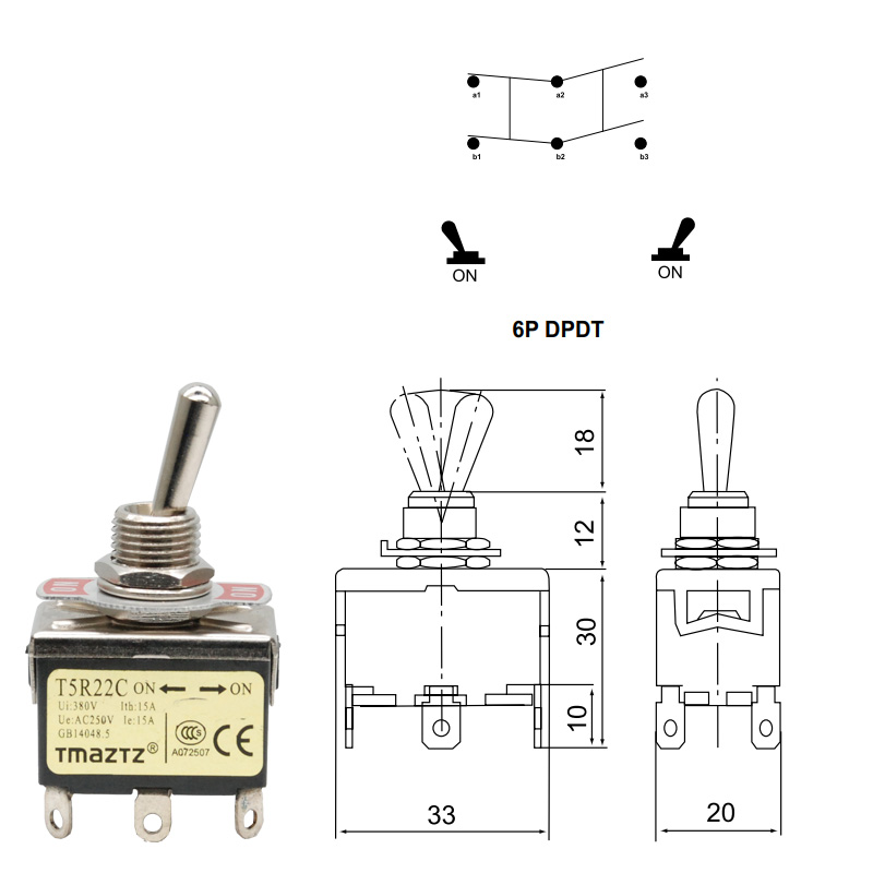 15A 250V 20A 125V AC ON OFF ON 3 Position  DPDT Heavy Duty Rocker Toggle Switches3