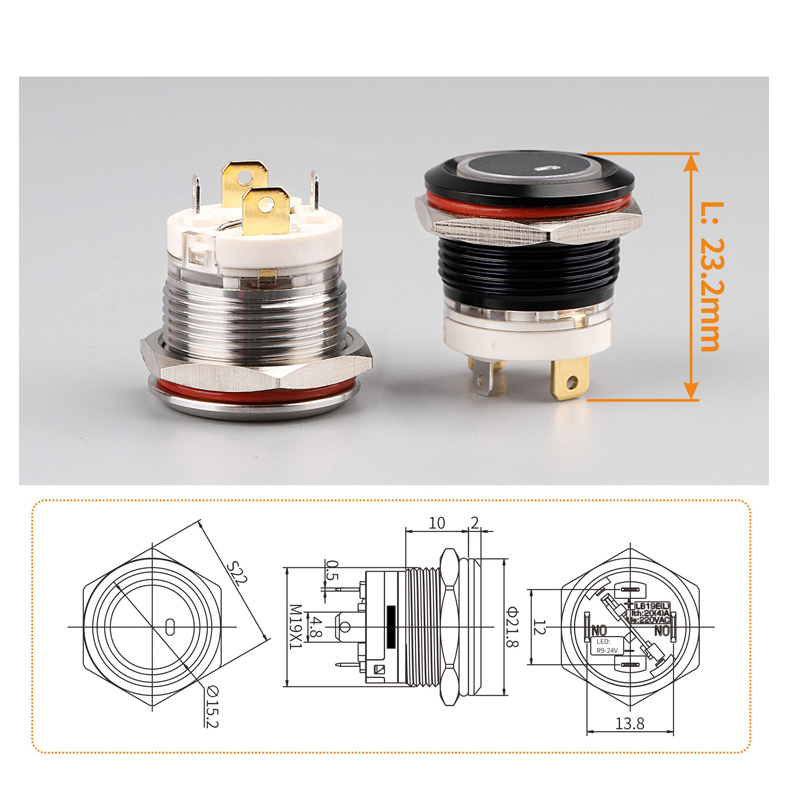 22mm 16A large current self-locking reset stainless steel metal button switch3