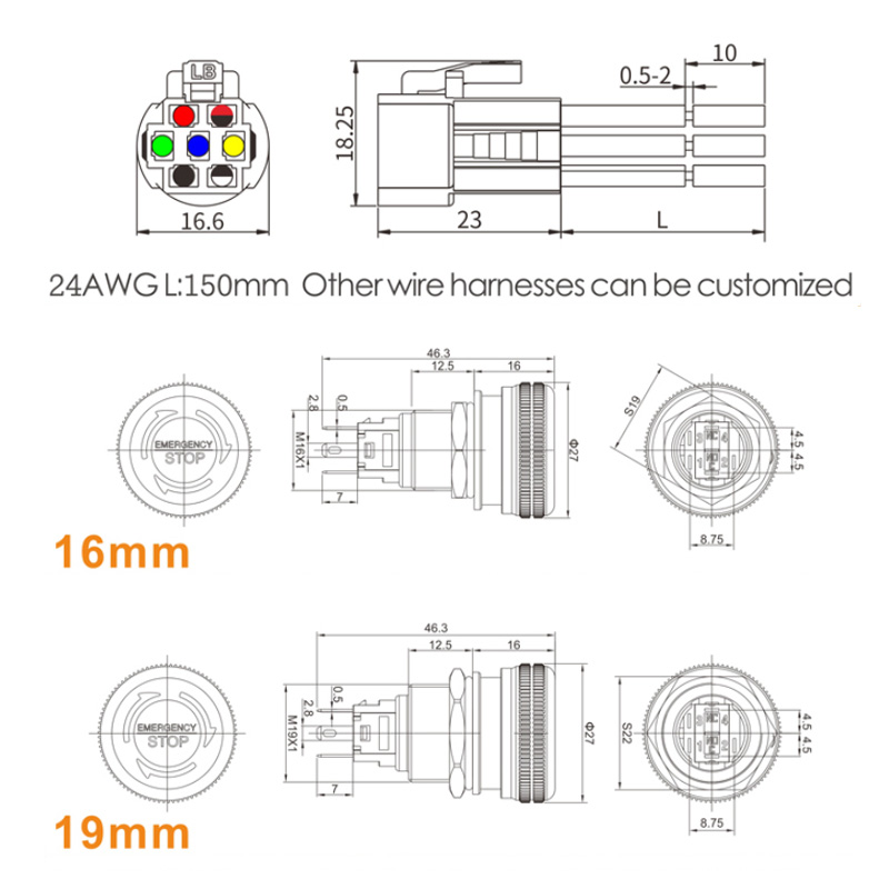 16/19/22mm IP65 red mushroom head self-locking 1NO1NC with red/green LED light metal emergency stop button switch3