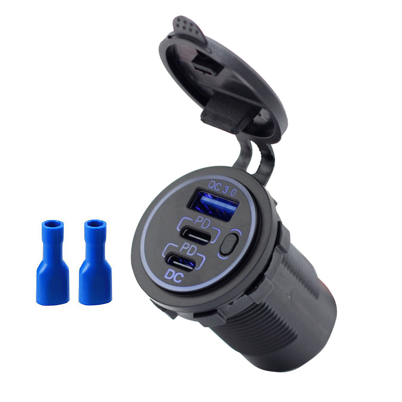 12V/24V Triple USB Outlet 60W USB-C Multiple Car Charger Socket PD3.0 & Two QC3.0 Ports with Touch Switch 