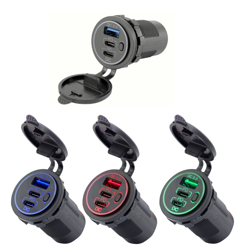 12V/24V Triple USB Outlet 60W USB-C Multiple Car Charger Socket PD3.0 & Two QC3.0 Ports with Touch Switch 2