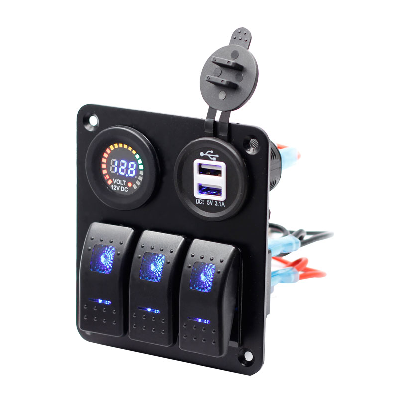 5 Gang Switch Panel ON-OFF LED Rocker Switch 5V 3.1A dual USB 12V DC voltmeter