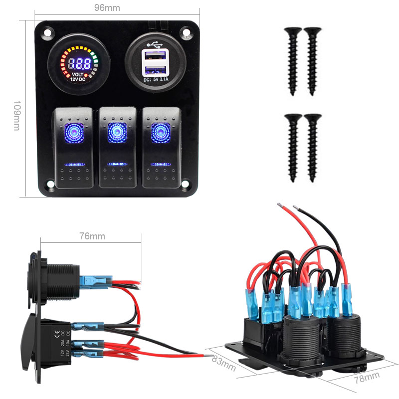 5 Gang Switch Panel ON-OFF LED Rocker Switch 5V 3.1A dual USB 12V DC voltmeter2