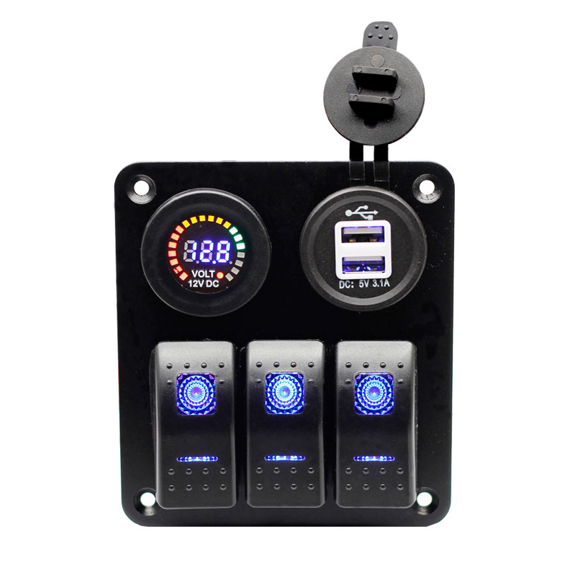 5 Gang Switch Panel ON-OFF LED Rocker Switch 5V 3.1A dual USB 12V DC voltmeter3