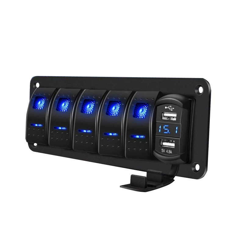 5 Gang Rocker Switch Panel with 4.8 Amp Dual USB Charger Voltmeter Waterproof 12V 24V DC Rocker Switch with Night Glow Stickers