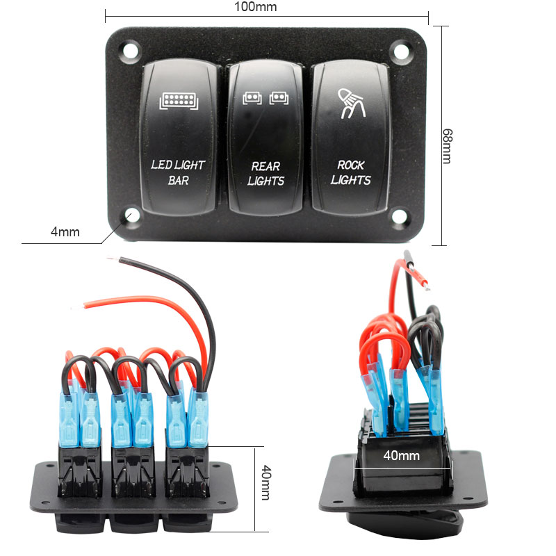 3 Gang Aluminum Rocker Switch Panel 5 Pin ON/Off Pre-Wired Toggle Switch Panel With Rocker Switch Holder3