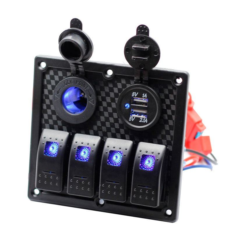 Waterproof 12V Auto Parts Marine Rocker Switch Dual USB 3.1A Outlet LED Voltmeter 4 Gang Rocker Switch Plastic Panel for Boat