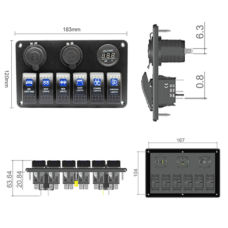 RV 12v 24v controle Button Universal 6 Gang Switch Panel Blanks Holder Housing Kit , Boat Car Led Marine Rocker Switch Panel3