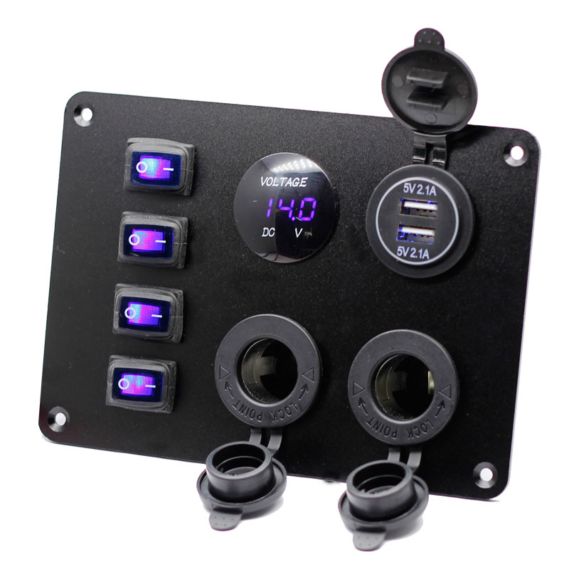 12V/24V Cigarette Socket Panel 3 Cigarette Lighter Adapter with 4.2AUSB Charger LED Voltmeter and ON Off Rocker Switch