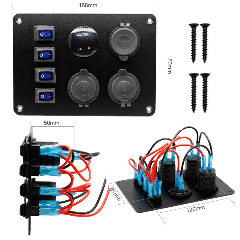 12V/24V Cigarette Socket Panel 3 Cigarette Lighter Adapter with 4.2AUSB Charger LED Voltmeter and ON Off Rocker Switch3