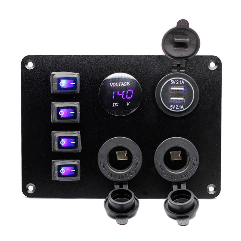 12V/24V Cigarette Socket Panel 3 Cigarette Lighter Adapter with 4.2AUSB Charger LED Voltmeter and ON Off Rocker Switch2