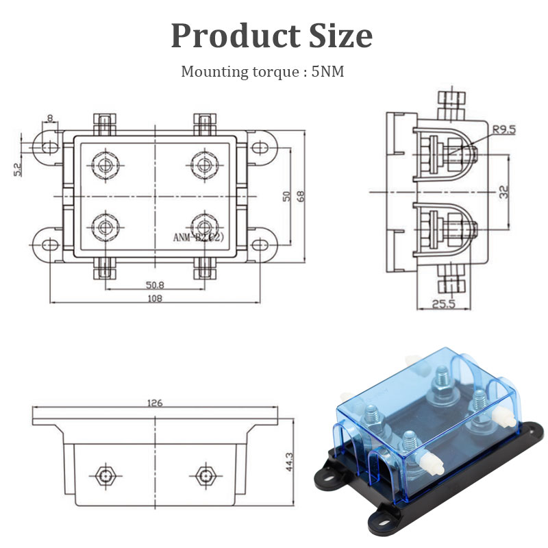 DC 32V 300A 2 Way MEGA/AMG Fuse Holder Bolt Down Fuse Block 3