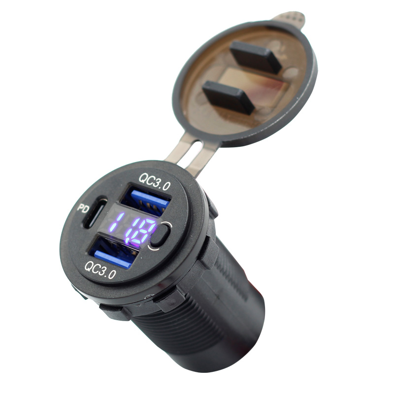 12V Dual USB Quick Charge 3.0 Port & PD USB C Car Charger Socket with Voltmeter and Power Switch