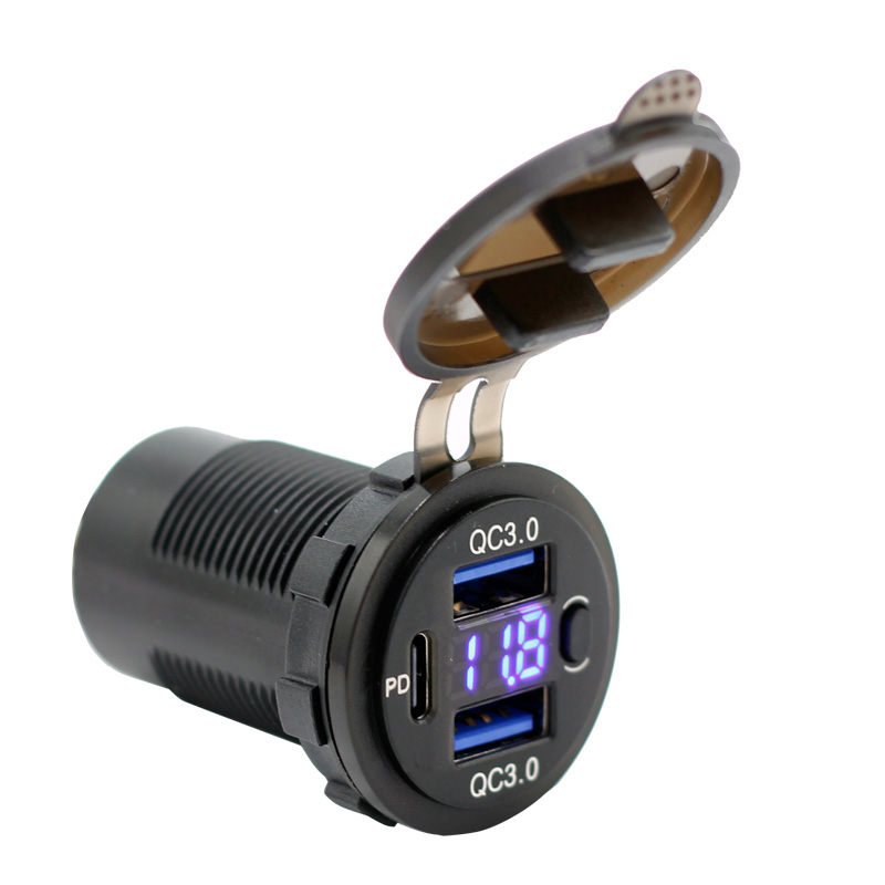 12V Dual USB Quick Charge 3.0 Port & PD USB C Car Charger Socket with Voltmeter and Power Switch2