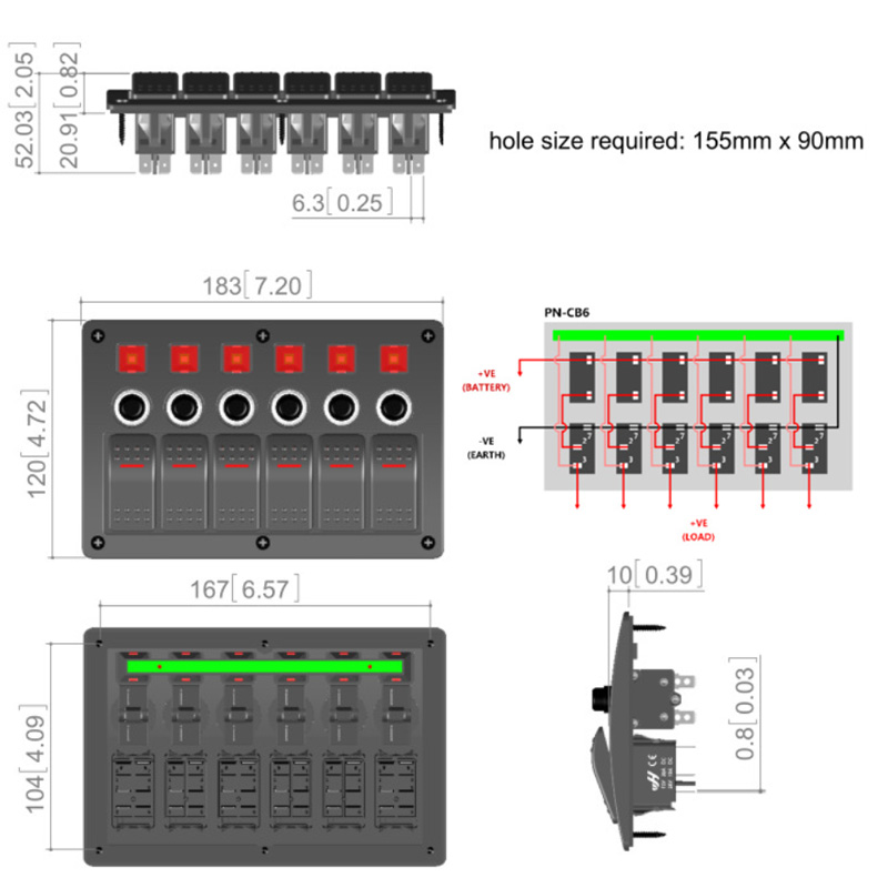 DC 12V 6 Gang Car Marine Boat LED light Rocker Switch Panel with circuit breaker3