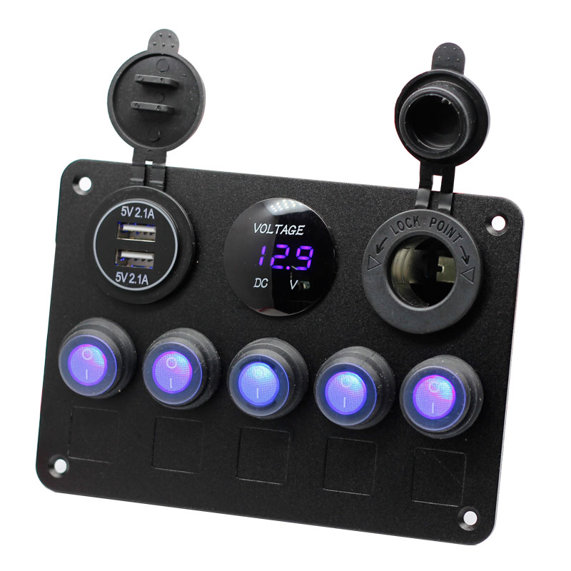 DC 12V 24V 5 gang Led Rocker Switch Panel 4.2A USB Charger Rocker switch control panel for Marine Car Boat