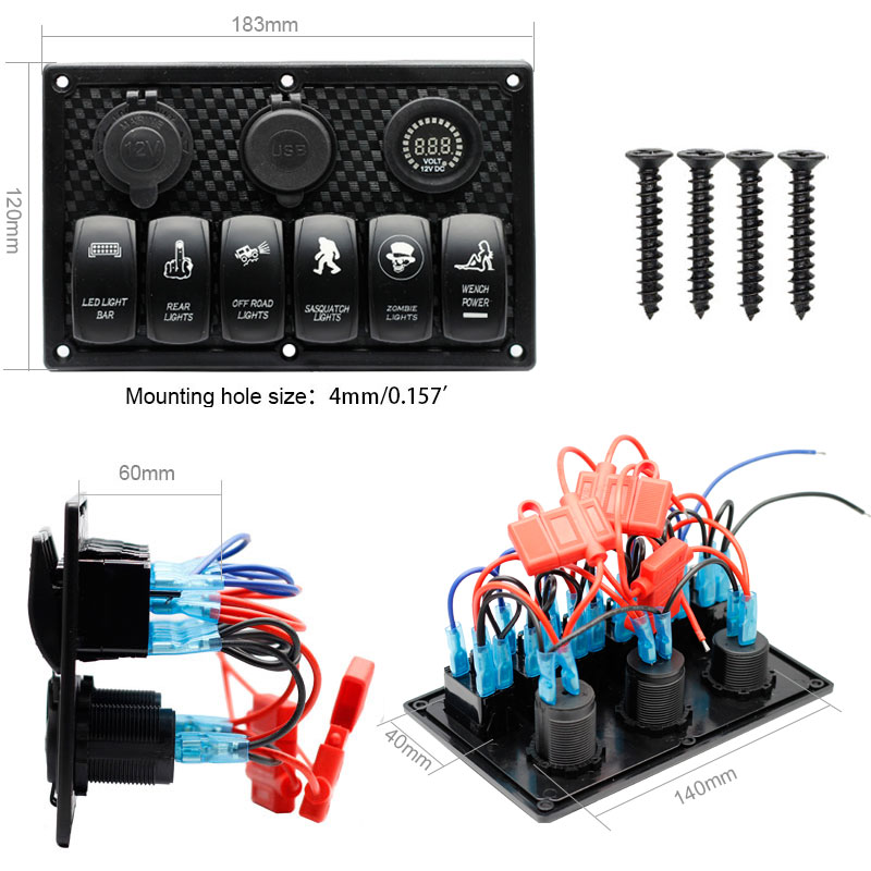 6 Gang Rocker Switch Panel ON Off Laser LED Light Switch with Dual USB Digital Voltmeter Cigarette Lighter Socket2