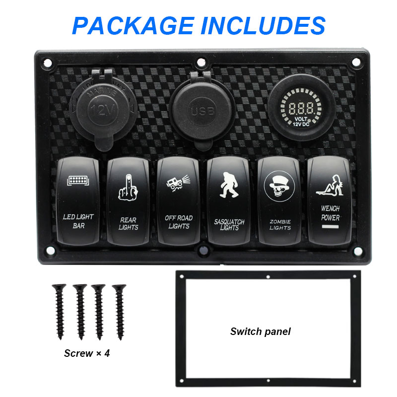 6 Gang Rocker Switch Panel ON Off Laser LED Light Switch with Dual USB Digital Voltmeter Cigarette Lighter Socket3