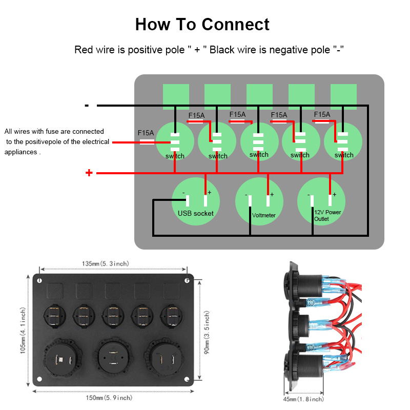 Boat Marine Rocker Switch Panel 5 Gang Waterproof ON Off Rocker Switches with Digital Voltage Display 3.1A Dual USB Power Charge2