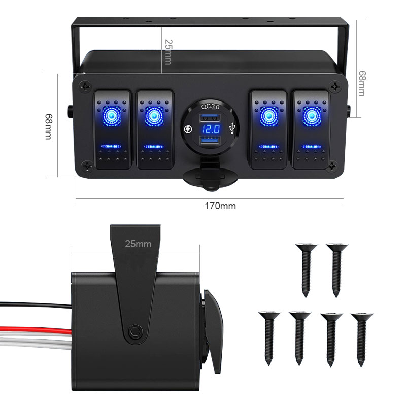 4 Gang Rocker Switch Box 12V SPST ON Off Switch QC 3.0 USB Charger Voltmeter Waterproof Aluminum Rocker Switch Panel Night Glow2