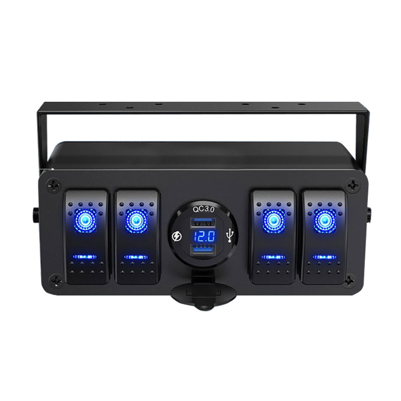 4 Gang Rocker Switch Box 12V SPST ON Off Switch QC 3.0 USB Charger Voltmeter Waterproof Aluminum Rocker Switch Panel Night Glow3