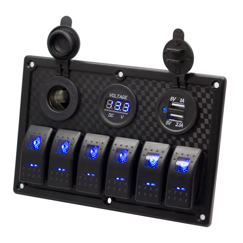 Boat Marine Rocker Switch Panel 6 Gang Waterproof ON Off Toggle Switches with Digital Voltage Display 3.1A Dual USB Power Charge