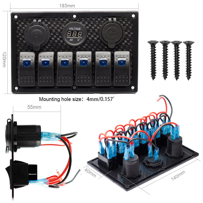 Boat Marine Rocker Switch Panel 6 Gang Waterproof ON Off Toggle Switches with Digital Voltage Display 3.1A Dual USB Power Charge2