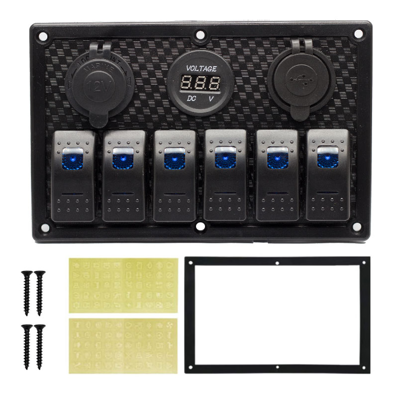 Boat Marine Rocker Switch Panel 6 Gang Waterproof ON Off Toggle Switches with Digital Voltage Display 3.1A Dual USB Power Charge3