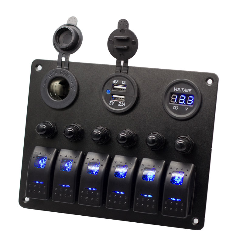 6 Gang 5 Pin ON/Off Toggle Rocker Switch Panel with 12V-24V LED Digital Voltmeter 3.1A Dual USB Charger Cigarette Lighter Socket 