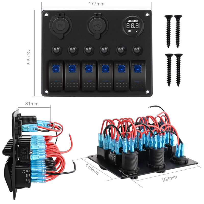 6 Gang 5 Pin ON/Off Toggle Rocker Switch Panel with 12V-24V LED Digital Voltmeter 3.1A Dual USB Charger Cigarette Lighter Socket 2