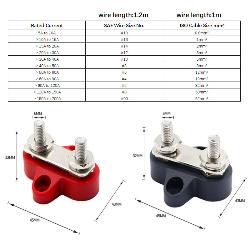 Universal Car Accessories Cars Bus Trucks 48V Red 1/4 Single M6 Studs Battery Power Distribution Terminal Block Bus Bar 2