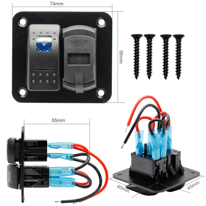 2 Gang Rocker Switch Panel with 4.2 Amp Dual USB Charger Voltmeter Waterproof 12V 24V DC Rocker Switch with Night Glow Stickers3