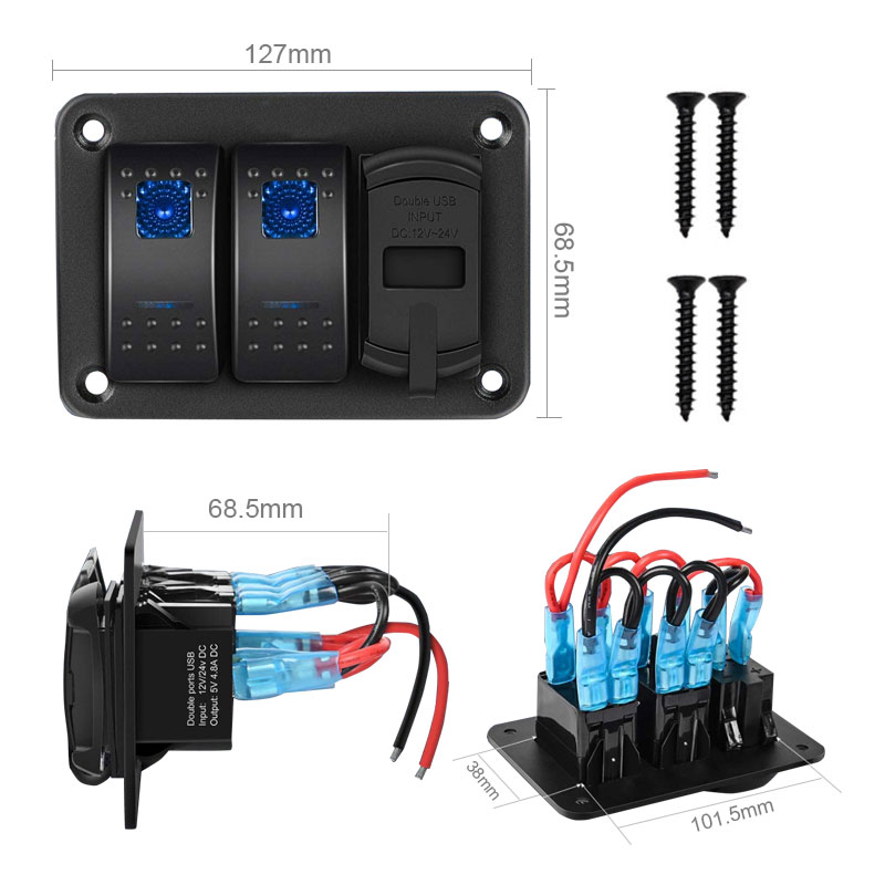 12v Socket Panel Waterproof ON OFF Blue LED Light Bar Marine Switch USB 12V Voltmeter 3 Gang Panel for Boat RV Car2