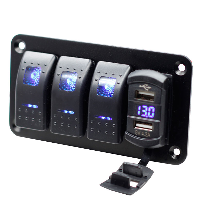 4 Gang Rocker Switch Panel with 4.8 Amp Dual USB Charger Voltmeter Waterproof 12V 24V DC Rocker Switch with Night Glow Stickers